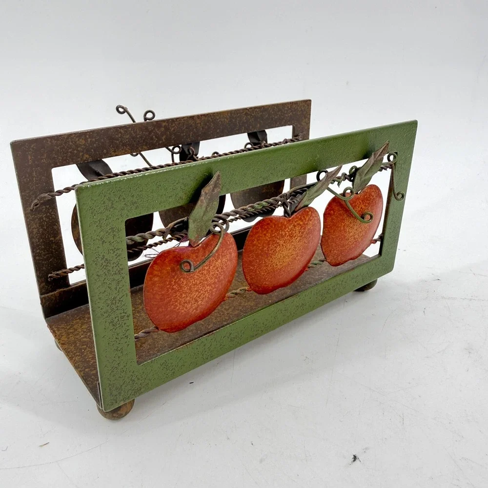 Metal Napkin Holder VTG 80 90 Red Apple Rustic Farmhouse Decor 2 5/8